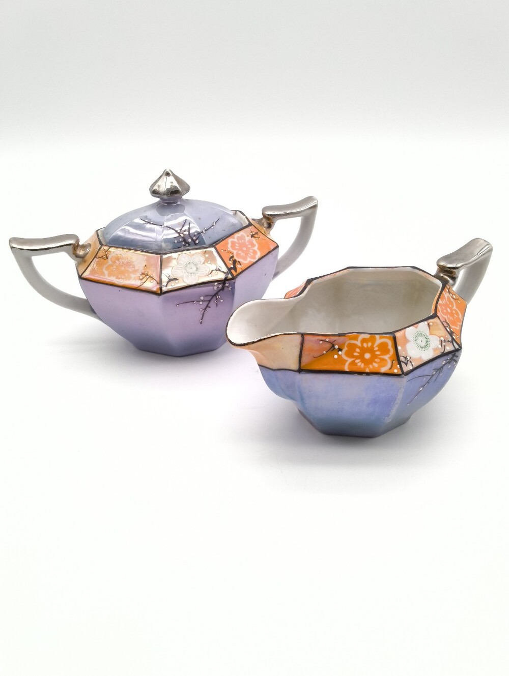 1930s Japanese Lusterware Sugar Bowl & Creamer Set - Art Deco Cherry Blossom